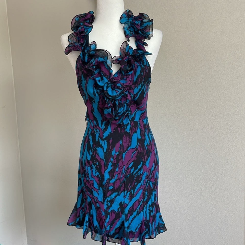 Vintage Bebe Blue and Purple Ruffle Dress Size S